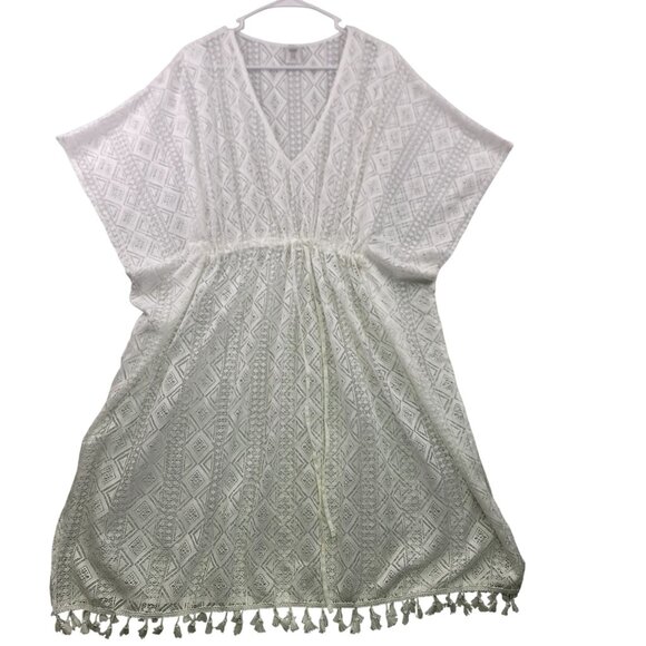 White Lace Cover-Up With Tassel Hem & Diamond Pattern Cinched Tie Waist - Picture 1 of 6
